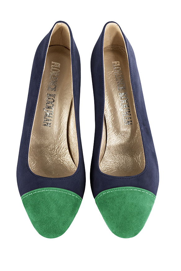 Emerald green and navy blue women's dress pumps, with a round neckline. Round toe. Very high slim heel. Top view - Florence KOOIJMAN